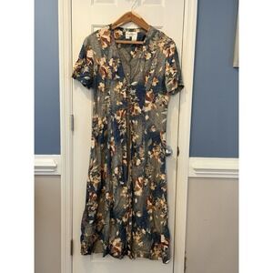 Betty Barclay Vintage Floral Maxi Cottage Button Dress Size 14 Tan blue Classy